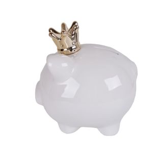 Money bank Piggy, white with gold crown, G21cm, P16cm, H21cm, 4135