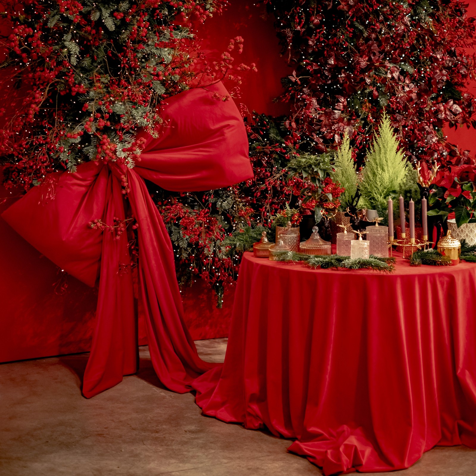 iemassvētku foto stūris ar lielu sarkanu banti un telpaugiem